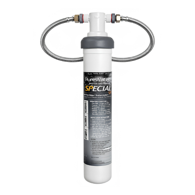 A pristine, high-resolution product showcase of the compact Pure X Drink under-sink water purifier cylinder, featuring advanced 0.1-micron German filtration technology.