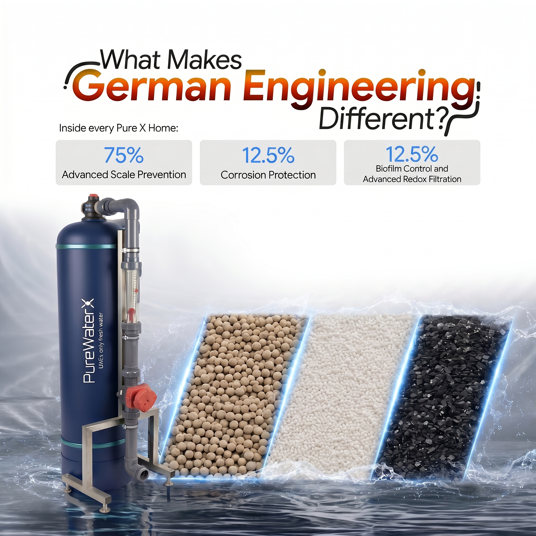 A detailed technical infographic showing the specific percentage breakdown of the advanced German-engineered filtration and scale prevention media layers used inside the Pure X Home cylinder.
