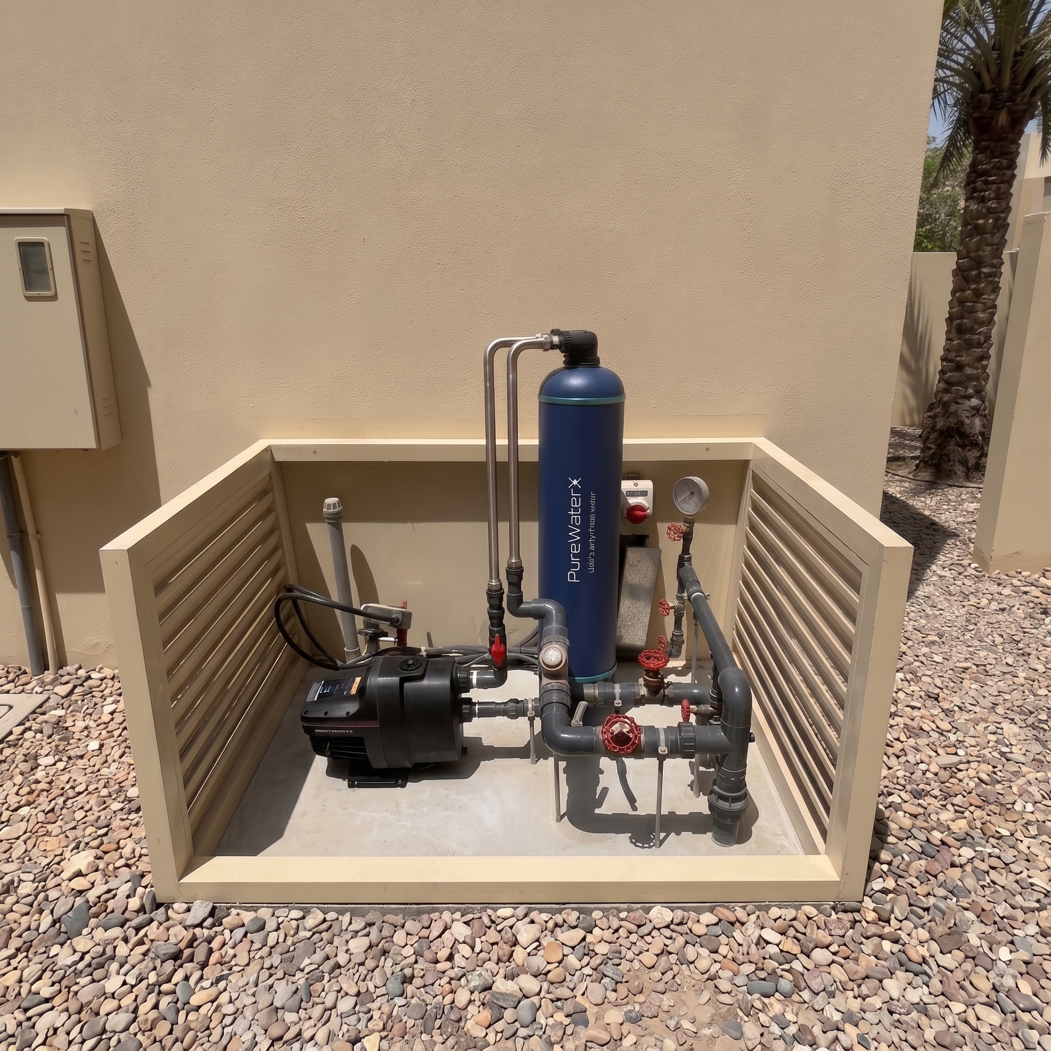 Pure X Home whole-house water filtration cylinder installed in a residential UAE villa, providing zero-maintenance, salt-free scale prevention and chlorine removal.