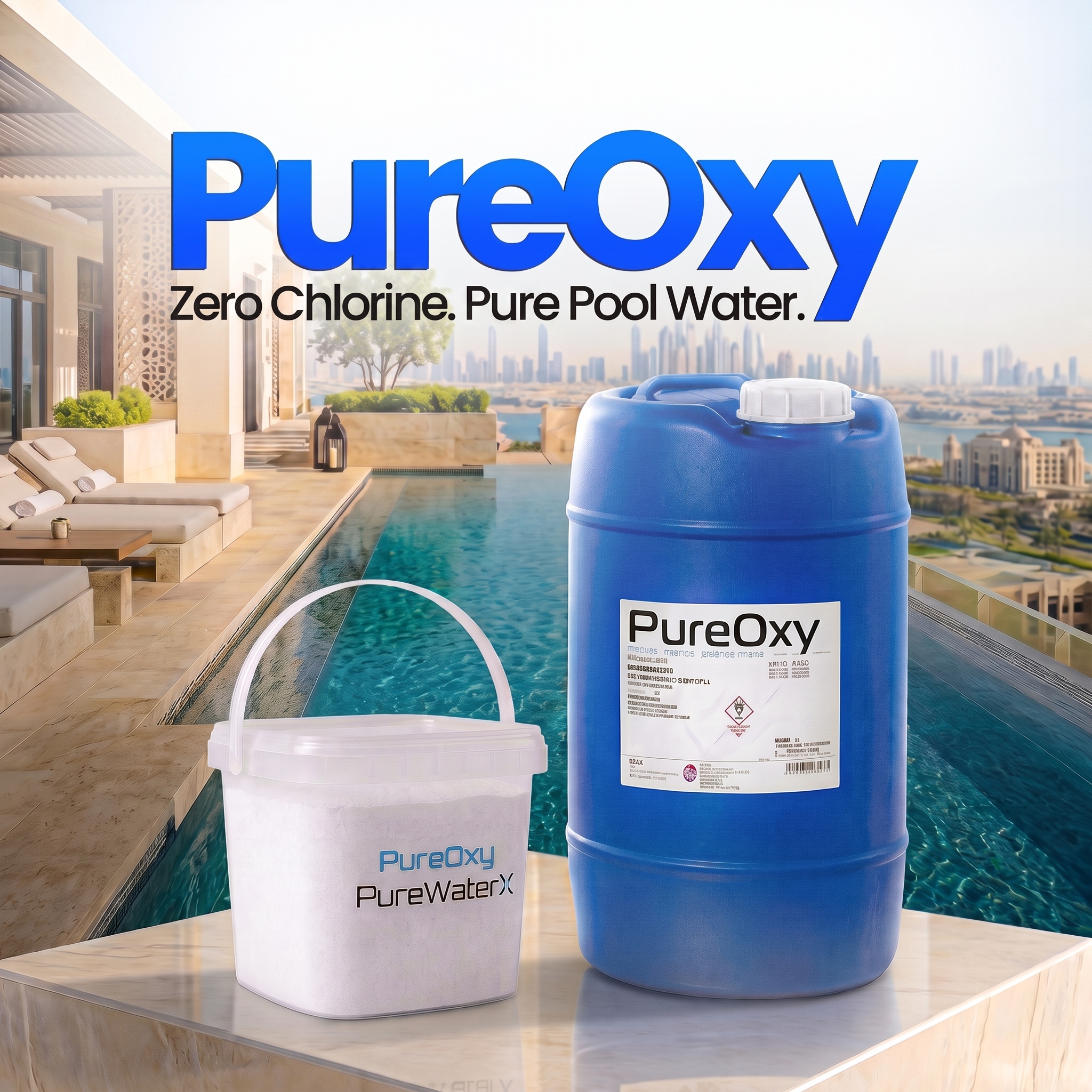 A breathtakingly sparkling, crystal-clear backyard swimming pool located in a gorgeous luxury UAE villa, perfectly treated and balanced by the powerful PureOxy chlorine-free system.