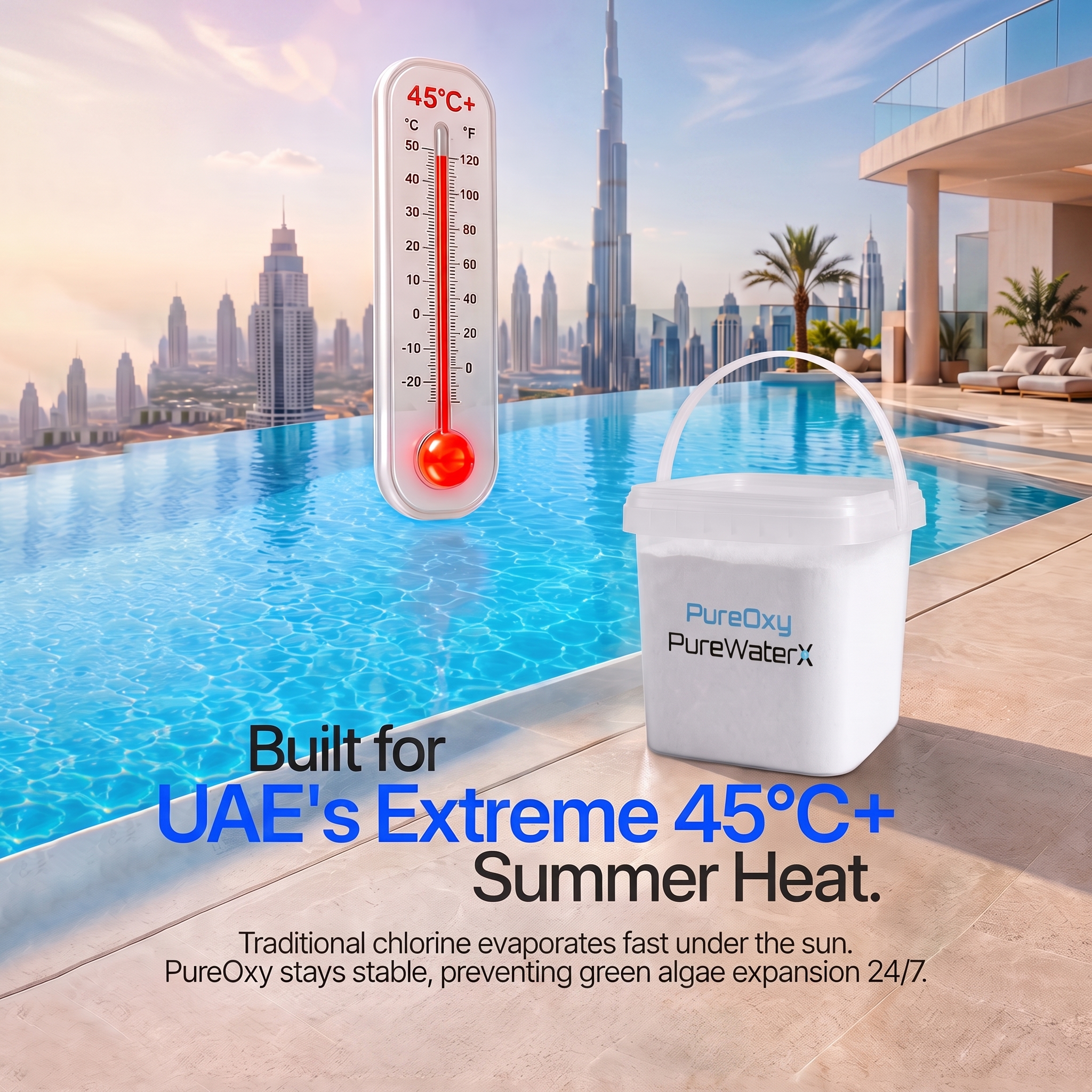 A bright, sunlit swimming pool demonstrating how PureOxy is uniquely built for the extreme UAE summer heat, remaining perfectly stable to prevent green algae 24/7 while traditional chlorine evaporates.