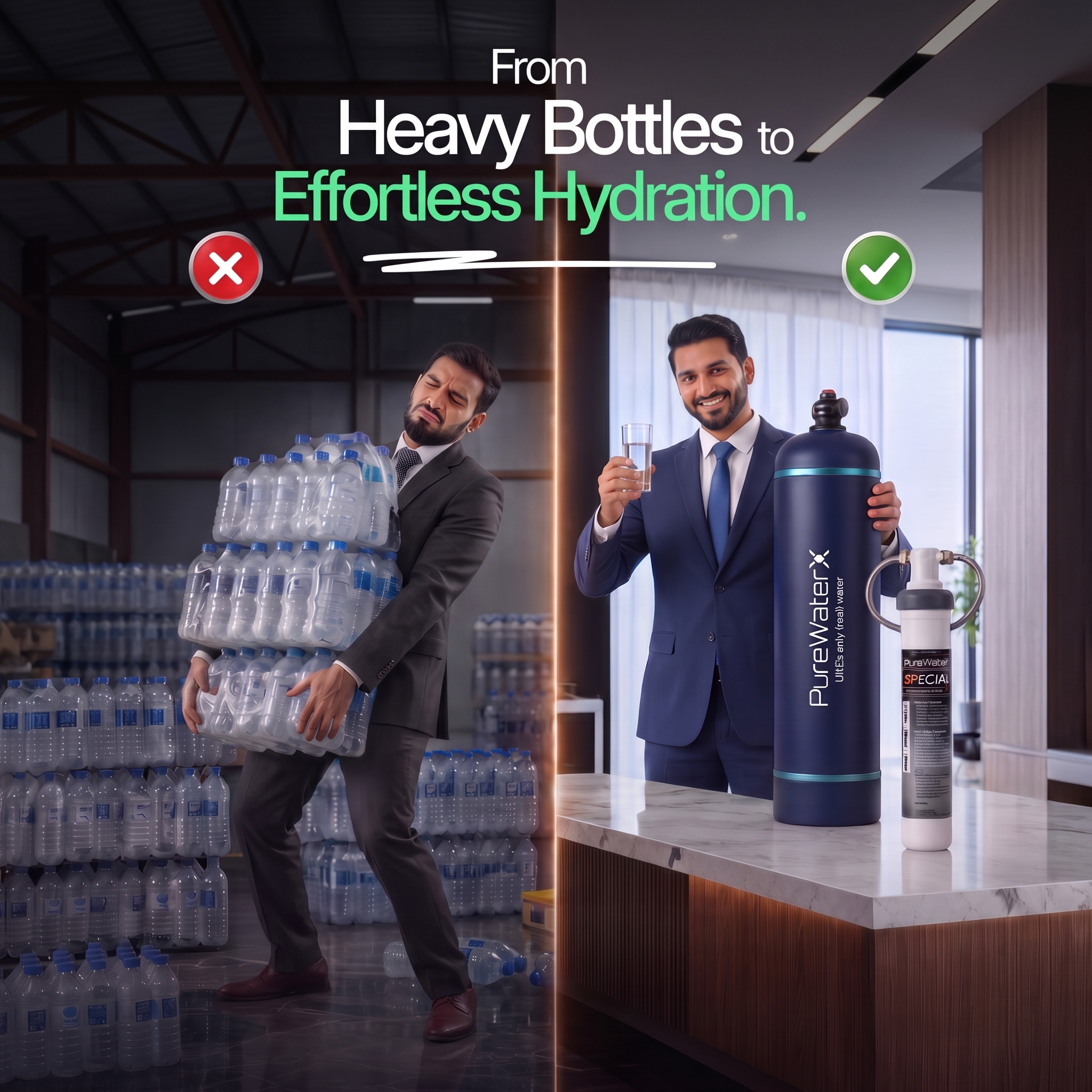 A split screen comparison showing a tired person struggling to carry heavy plastic water bottles on one side, and a happy person effortlessly drinking a glass of premium 8.4+ pH mineral water purified by the Pure X Drink system on the other.